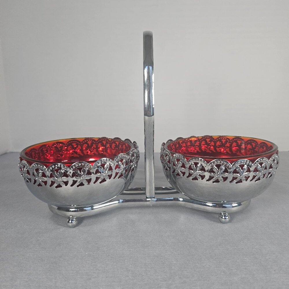 Rare Vintage Mayell EP Ruby Red Double Condiment Caddy On Steel Made in England
